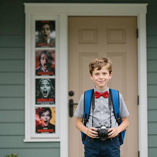 Young Boy Holding Camera in Front of House