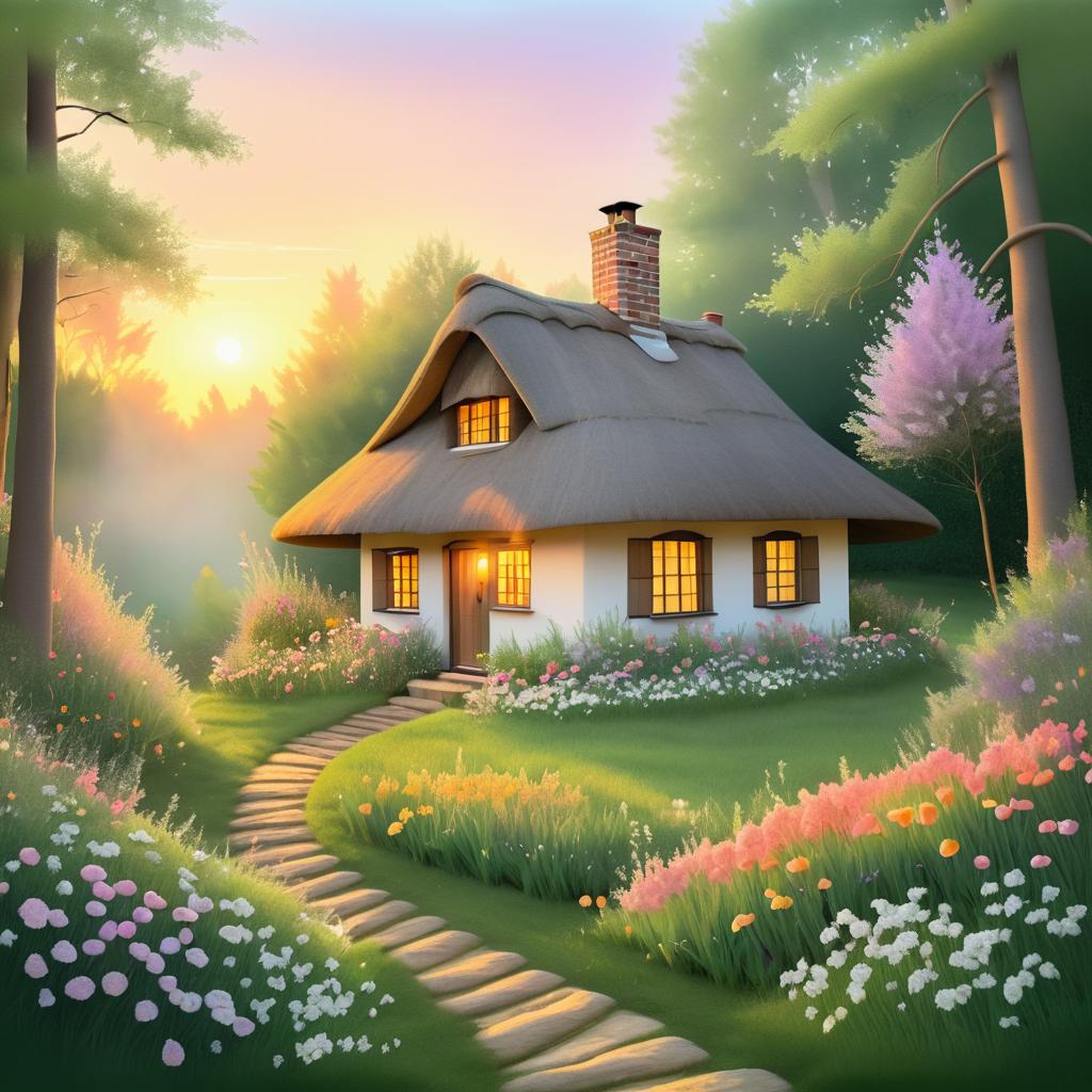 Whimsical Cottage in a Serene Sunset