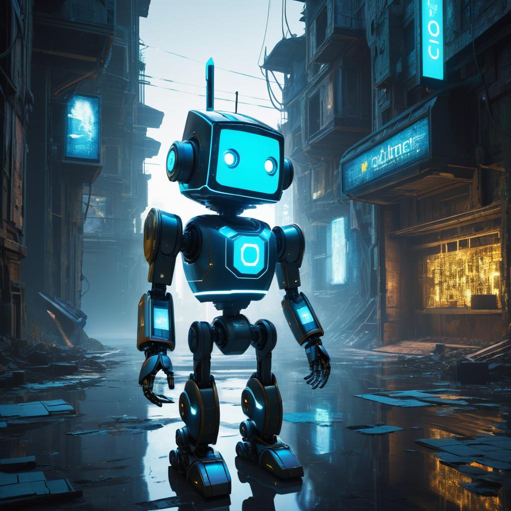 Futuristic Pinocchio Robot in Digital Ruins