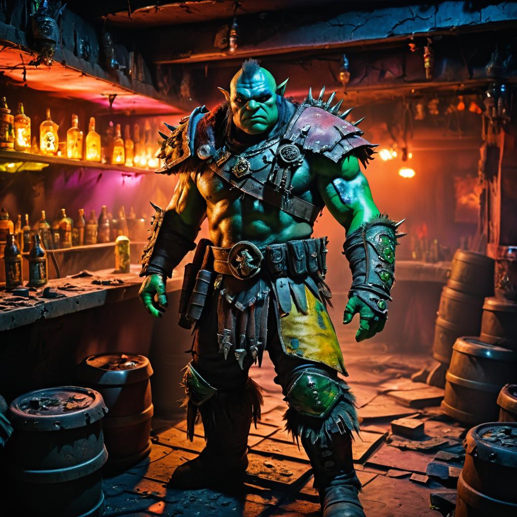 Vibrant Orc Portrait in a War-Torn Bar