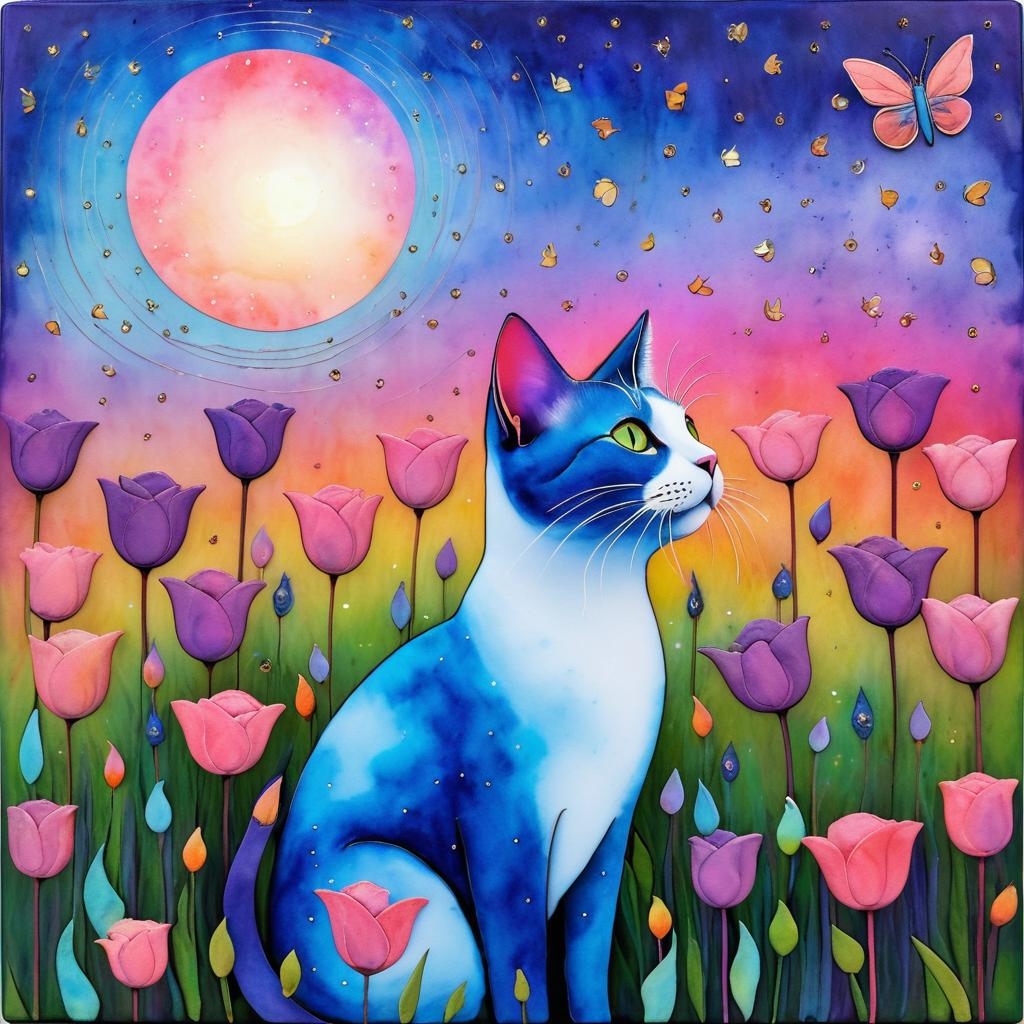 Dreamy Cat Portrait with Fireflies