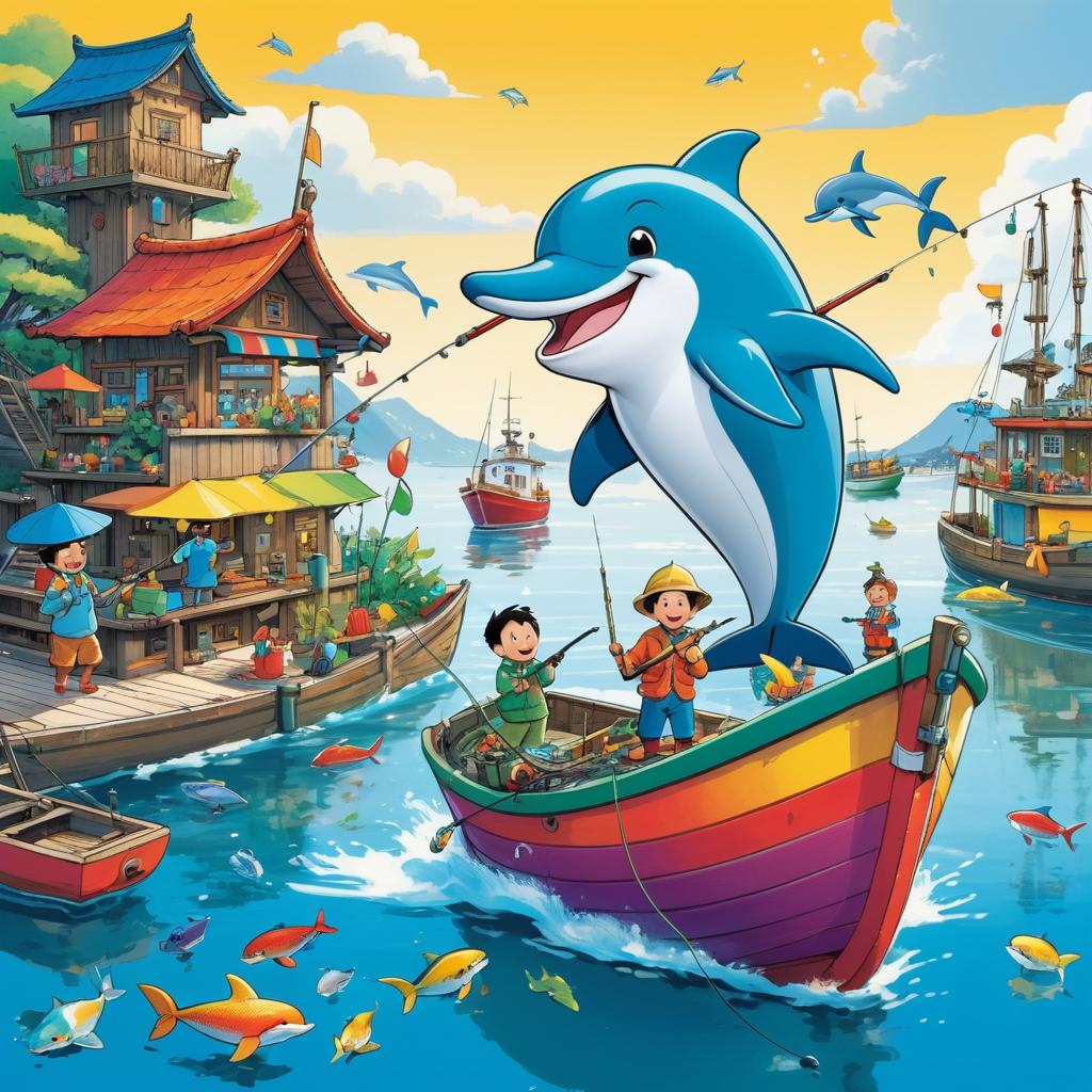 Whimsical Fisherman with Playful Dolphin