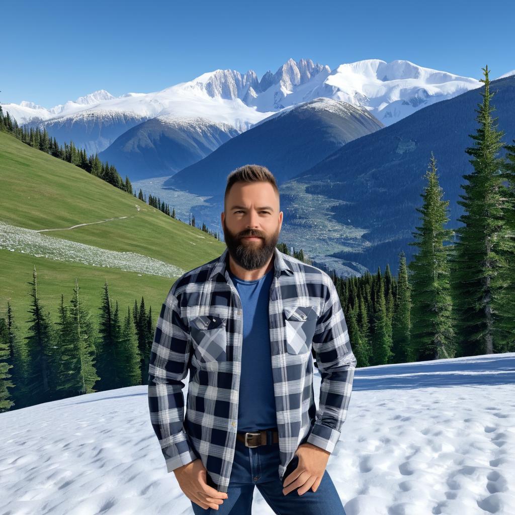 Bearded Man in Plaid Shirt at Mountains