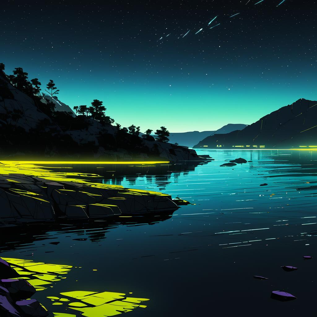 Serene Cyberpunk Lakeshore at Night