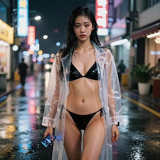 Photograph of a wet, Asian woman in a black bikini and transparent raincoat, holding a phone, standing on a neon-lit, rainy street