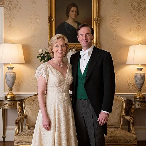 Photograph of a smiling middle-aged couple in formal attire: woman in white lace dress, man in black jacket, green vest, and black pants,