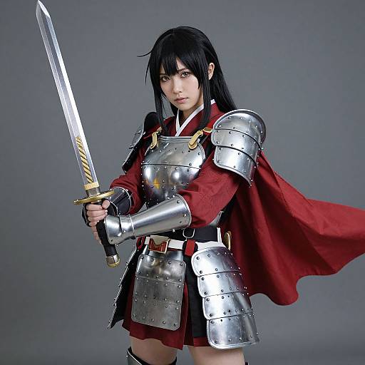 Photograph of an Asian woman with black hair, wearing silver armor, red cape, and holding a sword, standing against a gray background.