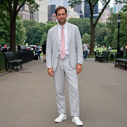 Photograph of a middle-aged man with short brown hair, beard, in light gray pinstripe suit, pink tie, white shirt, white shoes