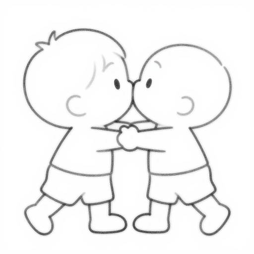 Black-and-white line drawing of two simple, cartoon-style children with round heads, rosy cheeks, and shorts, kissing with their eyes closed.