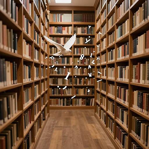 Photograph of a wooden library aisle with bookshelves on both sides, books of various colors, and white paper flying in mid-air.