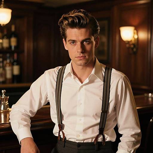 Photograph of a handsome, serious-looking man with dark hair, wearing a white shirt and black suspenders, standing in a dimly lit, wood