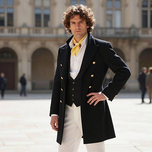 Photograph of a curly-haired man in a black double-breasted coat with gold buttons, yellow necktie, white shirt, and white pants, standing