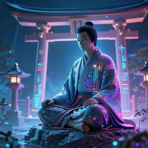 Photorealistic digital artwork of a serene Asian woman in a neon-patterned kimono, meditating under glowing, futuristic torii gates at night.