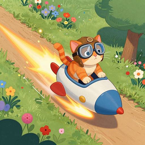 Cartoon orange tabby cat with goggles flying a blue and white rocket on a dirt path through colorful flowers and grass.