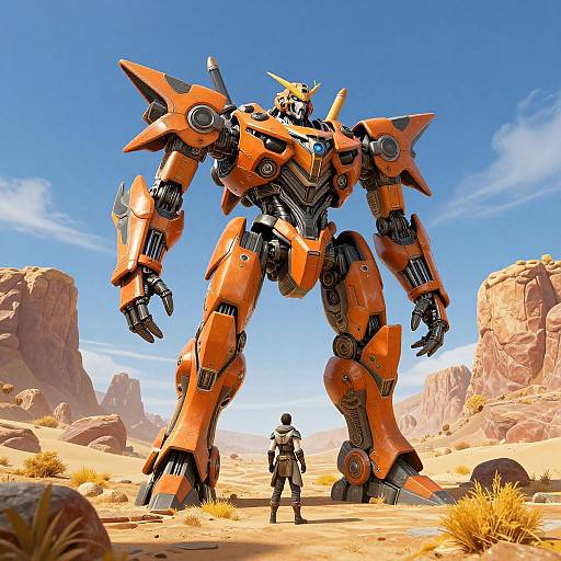 CGI image of a towering orange and black robotic warrior with spiked shoulders, standing in a desert landscape with a smaller armored figure in front. Bright blue