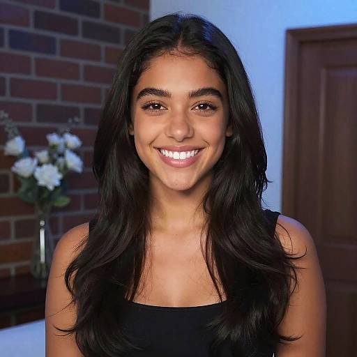 Photograph of a smiling young woman with long, wavy black hair, wearing a black sleeveless top, against a brick wall and wooden door background