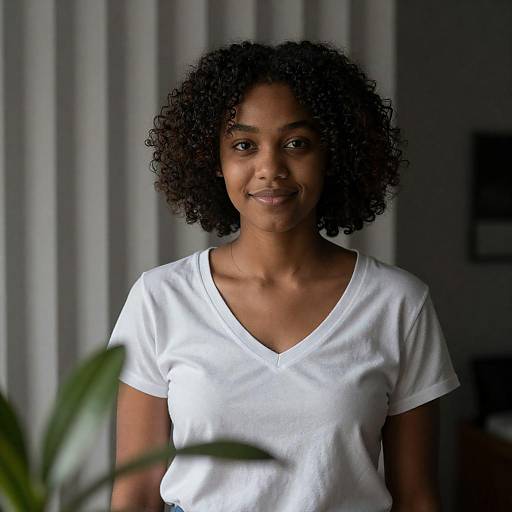 Young Black Woman in White Shirt Smiling Indoors
