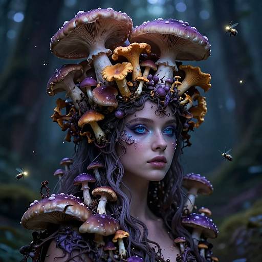 Digital fantasy artwork of a fair-skinned woman with blue eyes, long curly hair, adorned with large, colorful mushrooms in a dark, mystical forest.