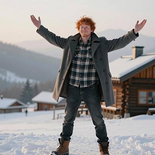 Photograph of a curly-haired man with red hair, arms outstretched, wearing a gray coat, plaid shirt, and boots, standing in