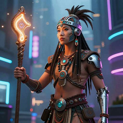 Digital art of a Native American warrior woman in futuristic armor, holding a glowing staff, with neon-lit city background.