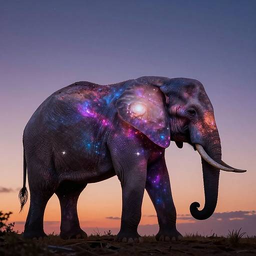 Photograph of a silhouetted elephant against a sunset sky, with its body glowing with vibrant, colorful star-like patterns.