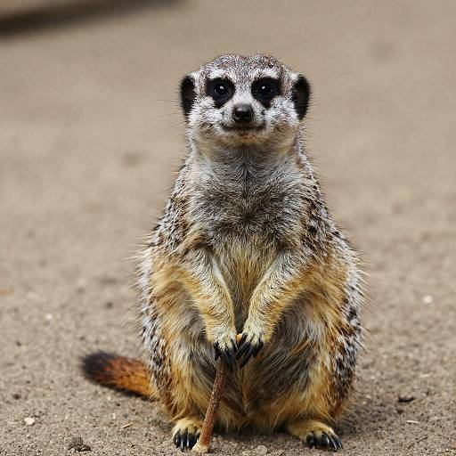 Photograph of a meerkat standing on a sandy ground, looking directly at the camera with black eyes and holding a thin stick with its front p
