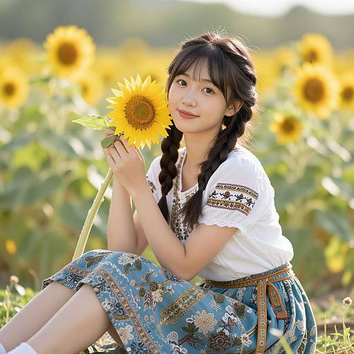 Asian woman with braided hair, white lace-top blouse, blue floral skirt, holding sunflower, seated in sunflower field, sunny day.