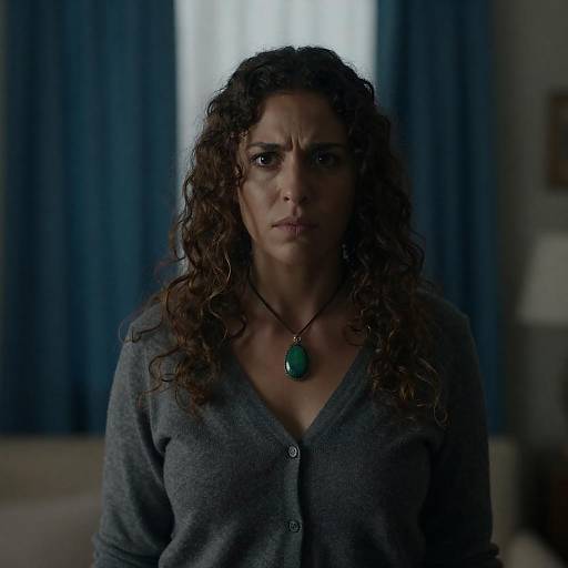 Woman with Green Pendant Necklace and Intense Expression