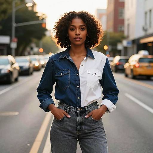 Photograph of a confident Black woman with curly hair, wearing a blue and white button-up shirt and high-waisted jeans, standing on a bustling