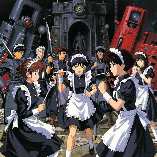 Anime-style illustration: Seven female maids with black-and-white uniforms, wielding knives, surround six armored males in a dark, industrial background with a clock