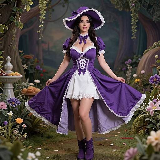 Photograph of a fair-skinned woman in a purple and white Alice in Wonderland-style dress with lace trim, holding her skirt, standing in a lush