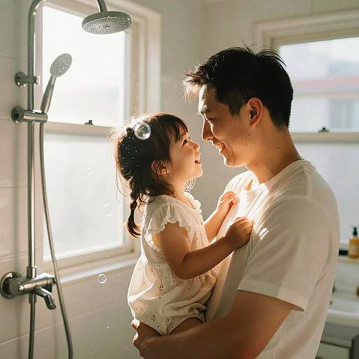 Photograph of an Asian father and daughter in a sunlit bathroom, smiling at each other while standing under a showerhead. Father wears a white t