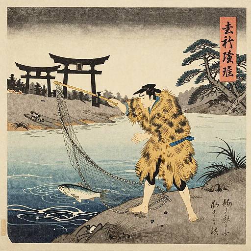 Traditional Japanese woodblock print: A man in a yellow, patterned kimono with black hat, fishing by a river with a torii gate in
