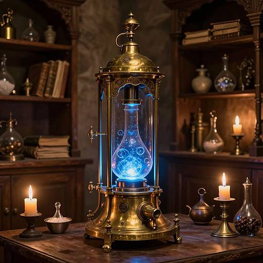 Photograph of a glowing blue glass lantern in a brass cage, illuminated by candlelight on a wooden table in a dimly lit, antique library.