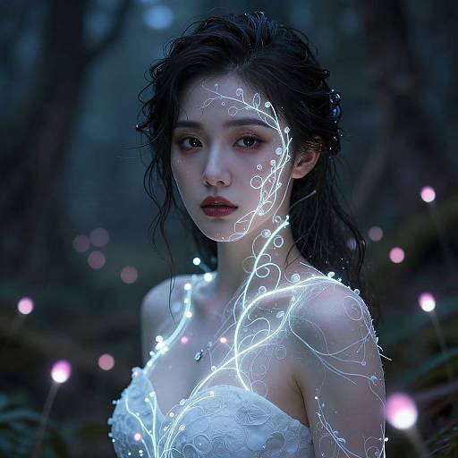 Woman with Glowing Vines and Fireflies
