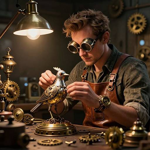 Steampunk inventor with goggles, brown leather apron, and copper bird clock, meticulously assembling gears in dim, industrial workshop under a brass lamp.