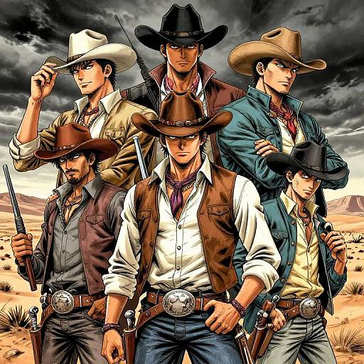 Digital illustration of six muscular, rugged cowboys in western attire, standing in a desert, wearing hats, vests, and holstered guns.