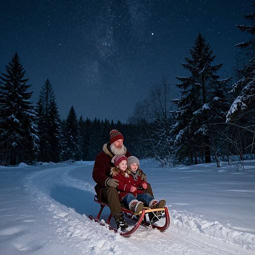 Photograph of a bearded Santa Claus and a young child sledding at night on a snow-covered path, surrounded by snow-laden trees under