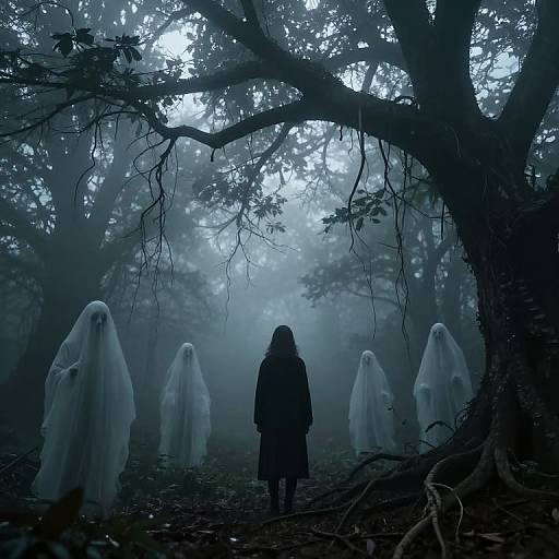 Photograph of a dark, misty forest with a lone person in silhouette, surrounded by ghostly white figures under a large, twisted tree.