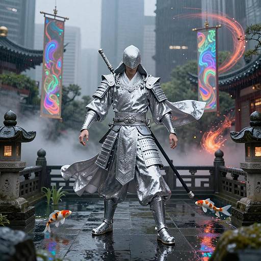 Silver-Armored Samurai in Neon Temple Garden