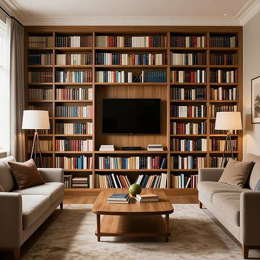 Photograph of a modern living room with two gray sofas, wooden bookshelves filled with colorful books, a flat-screen TV, and a wooden coffee