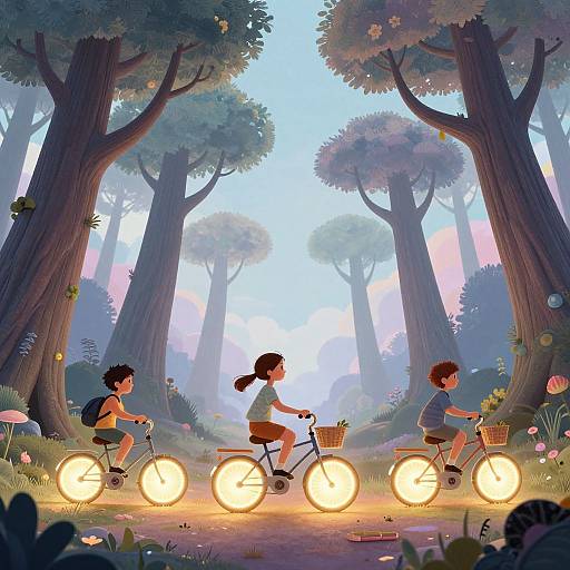 Digital illustration of three children with glowing bicycles riding through a magical forest at dawn, surrounded by tall trees and vibrant flora.
