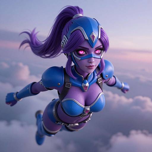 CGI image of a purple-skinned, blue-armored female superhero with glowing pink eyes, flying above clouds at sunrise. She has a high-
