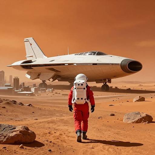 Astronaut Approaching Futuristic Mars City