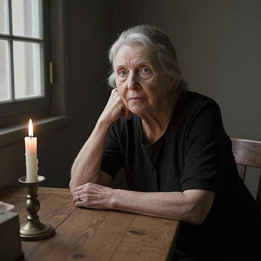Photograph of an elderly woman with white hair, wearing a black knit shirt, resting her head on her hand, looking contemplatively at a lit candle