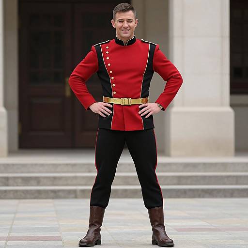 Photograph of a smiling man in a red and black military-style uniform with gold buttons, black pants, brown belt, and boots, standing confidently in