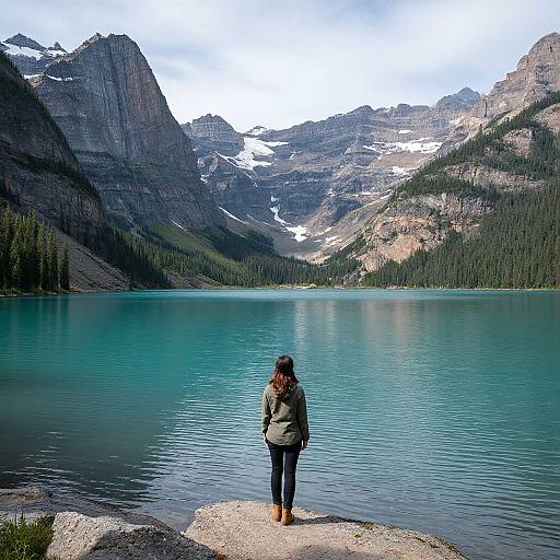 Photograph of a woman in a green jacket standing on a rock, facing a turquoise mountain lake with snowy peaks and evergreen trees under a cloudy sky