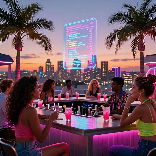 Photograph of diverse group at neon-lit rooftop bar with city skyline, palm trees, and sunset. Diverse friends enjoy pink drinks, vibrant neon