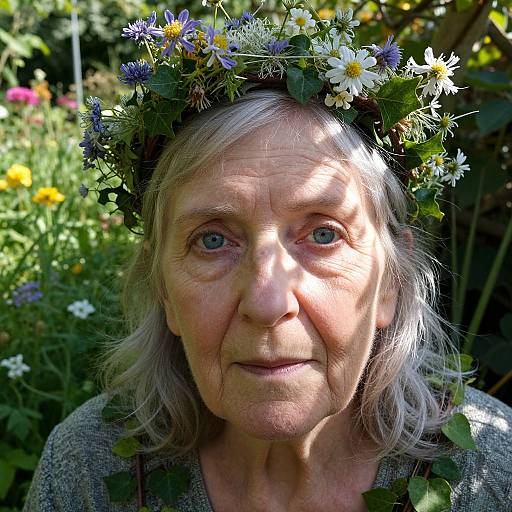 Photograph of an elderly woman with gray hair, fair skin, blue eyes, wearing a flower crown, surrounded by a lush garden.