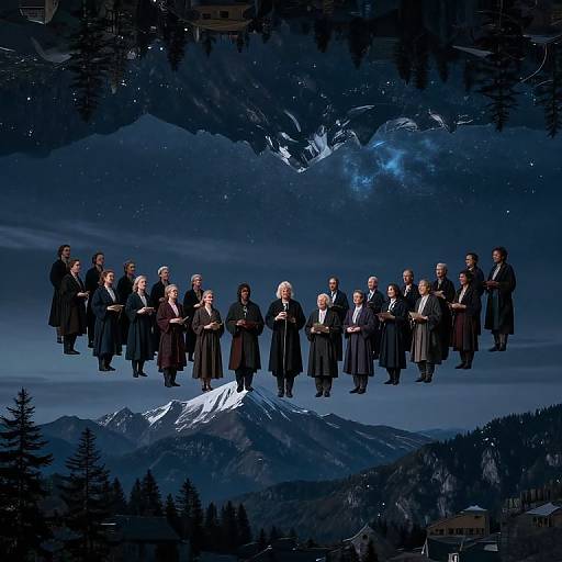 Photograph of a group of 21 people in formal attire floating above a nighttime mountain landscape, with stars and a moonlit sky in the background.